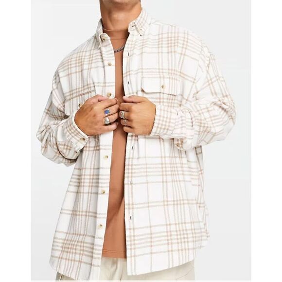 ASOS Design Men Sz L Ecru White Extreme Oversized Brushed Flannel L/S Shirt - Picture 8 of 8